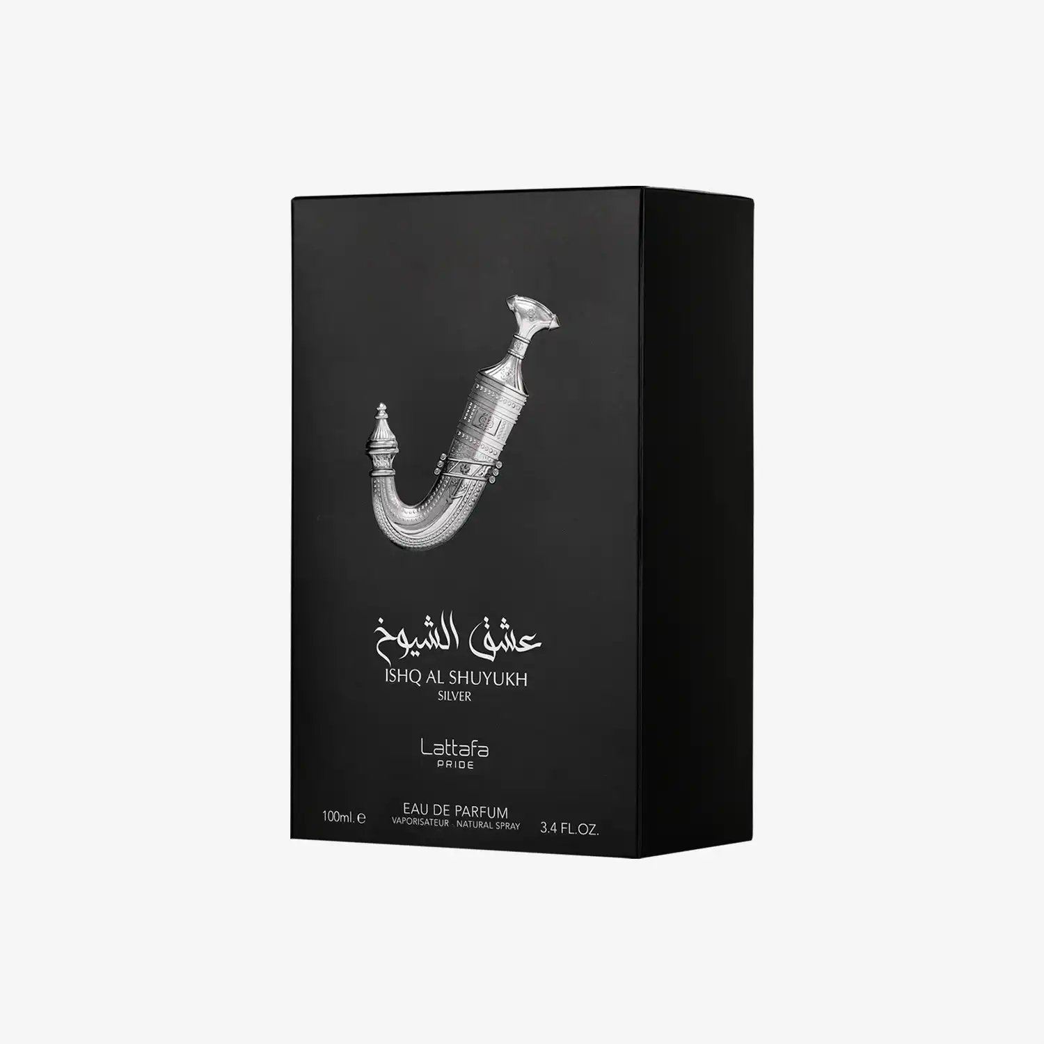 Ishq Al Shuyukh Silver Eau de Parfum box with Middle Eastern dagger design, 100ml.