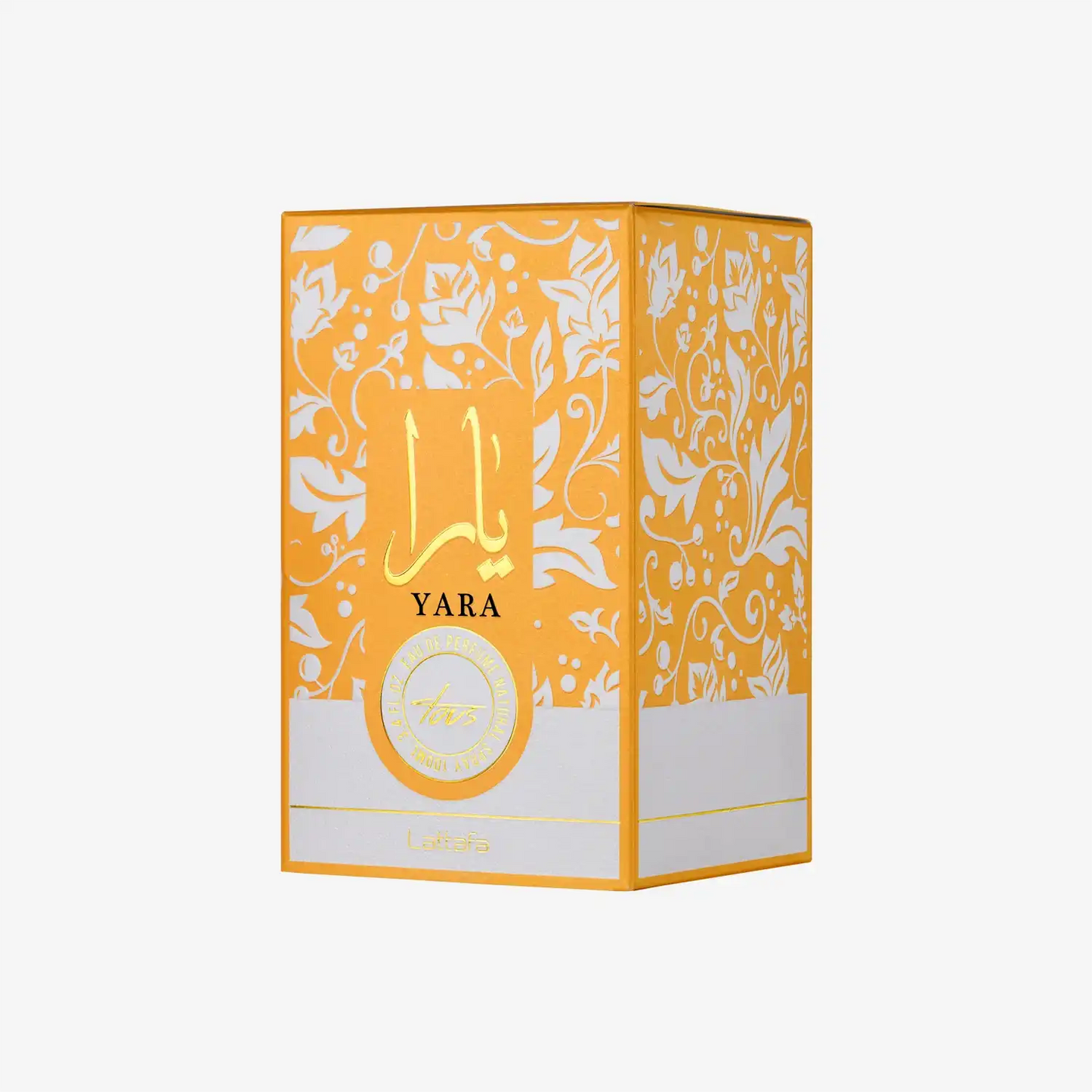 YARA perfume box with gold floral patterns and Arabic script on a yellow background