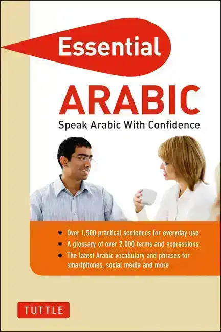 Cover of Essential Arabic book featuring language learning tips and two people conversing
