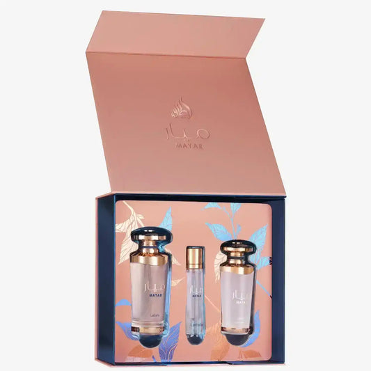 Elegant Mayar perfume set with three bottles in a decorative gift box featuring floral designs.