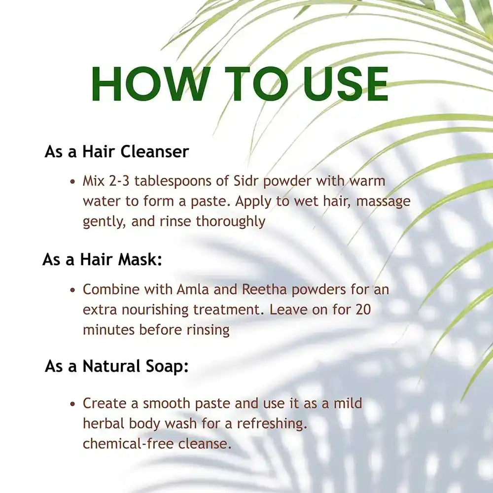 How to use Sidr powder as hair cleanser, hair mask, and natural soap with instructions.