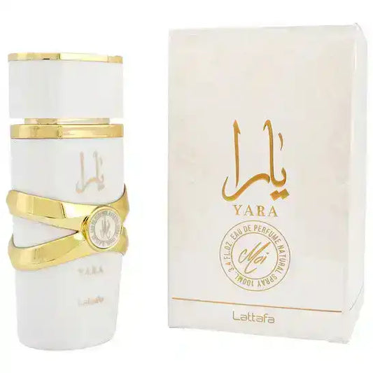 Yara perfume bottle and white box with gold accents by Lattafa, luxury fragrance spray