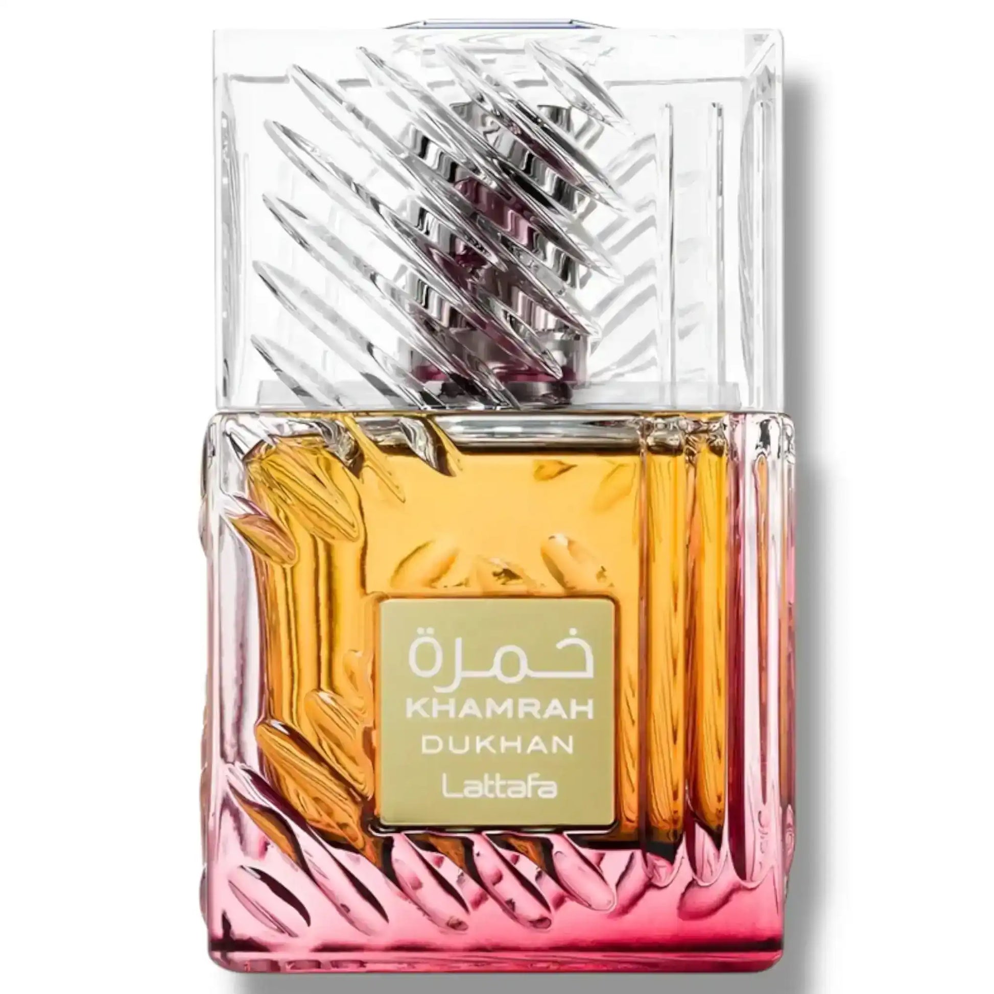 Khamrah Dukhan Lattafa amber perfume bottle with textured glass and clear cap