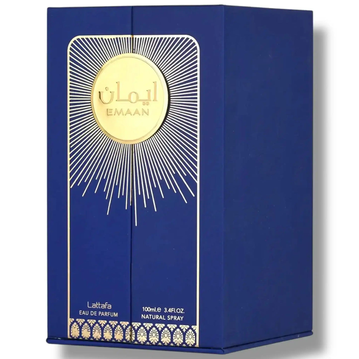Lattafa Emaan Eau de Parfum 100ml blue luxury perfume box with gold design