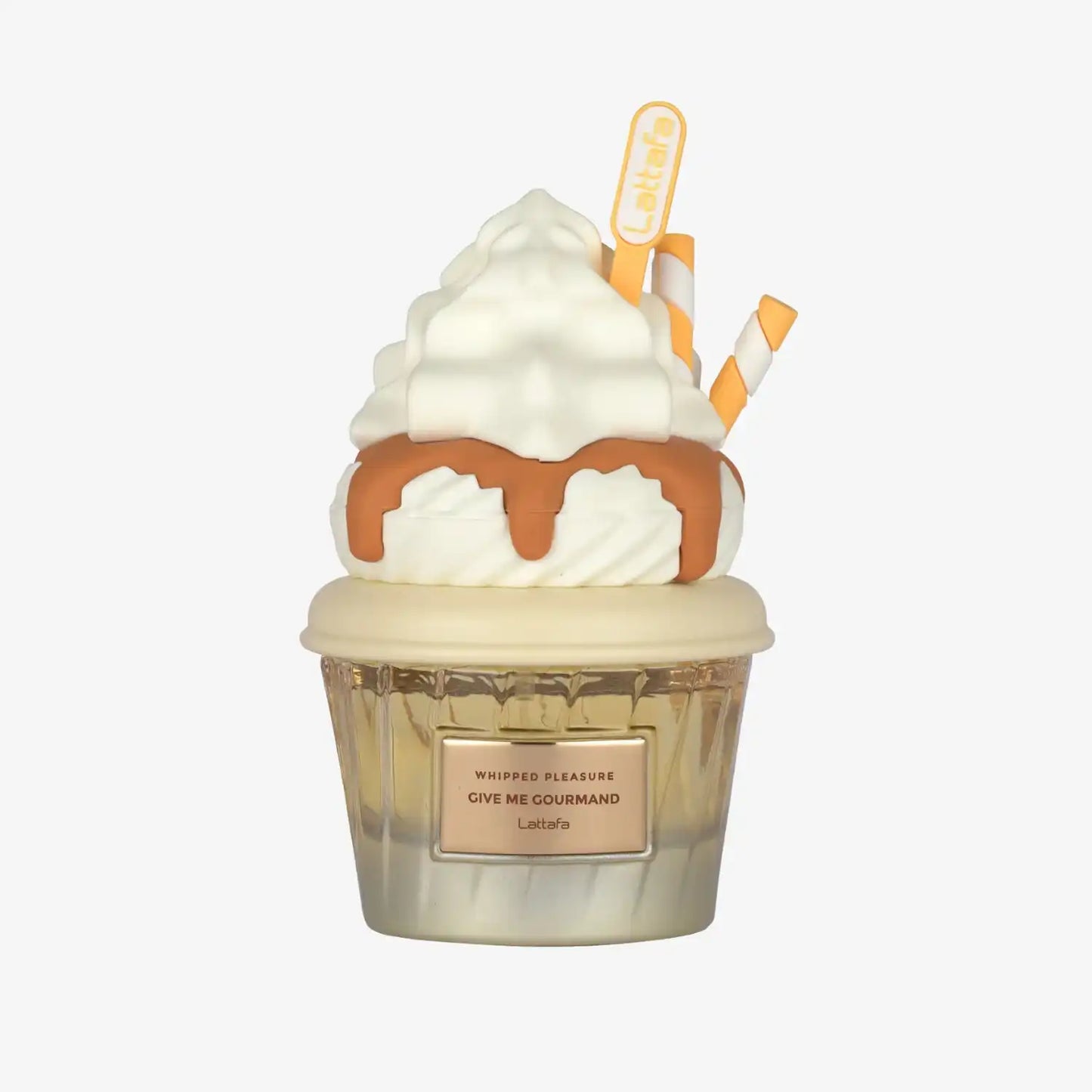 Whipped Pleasure Give Me Gourmand Lattafa perfume bottle shaped like a dessert with whipped cream and caramel design.