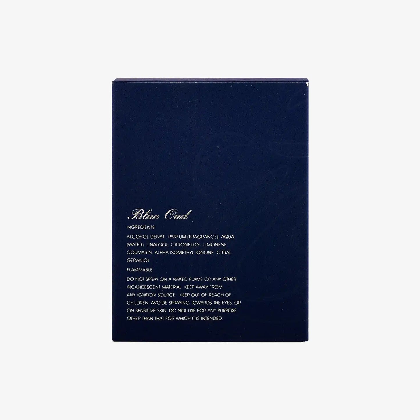 Blue Oud fragrance box with ingredients list on a plain background