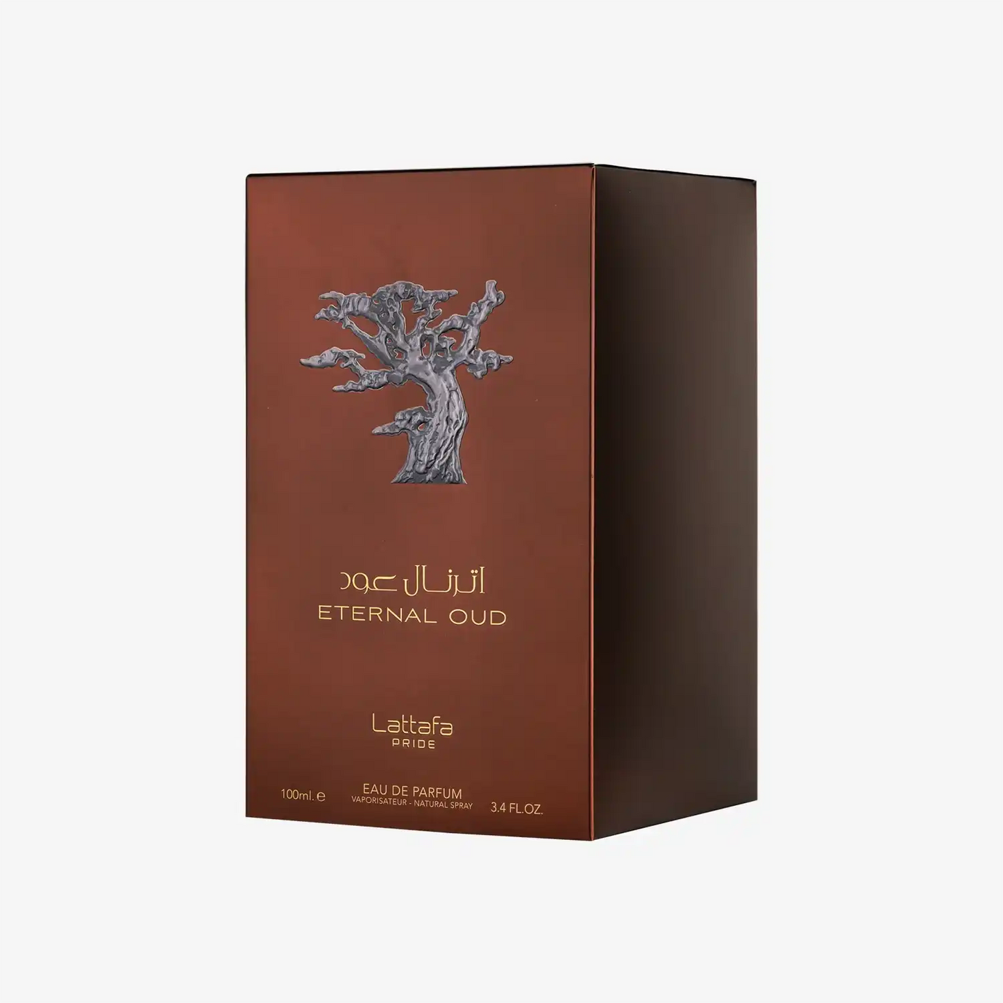 Eternal Oud perfume box by Lattafa Pride, brown packaging with silver tree design