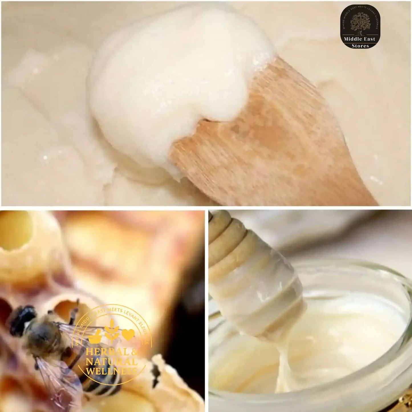 Creamy raw Middle Eastern honey, honeycomb with bee, and honey dipper in glass jar.