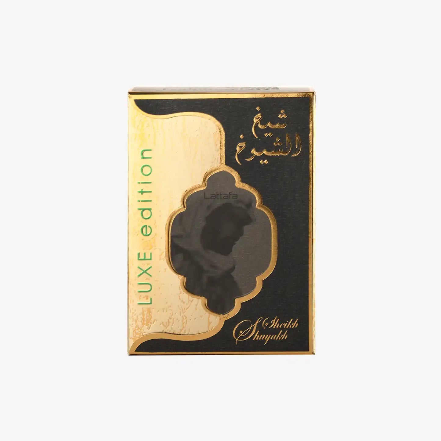 Lattafa Sheikh Shuyukh Luxe Edition perfume box with gold and black design, Middle Eastern fragrance