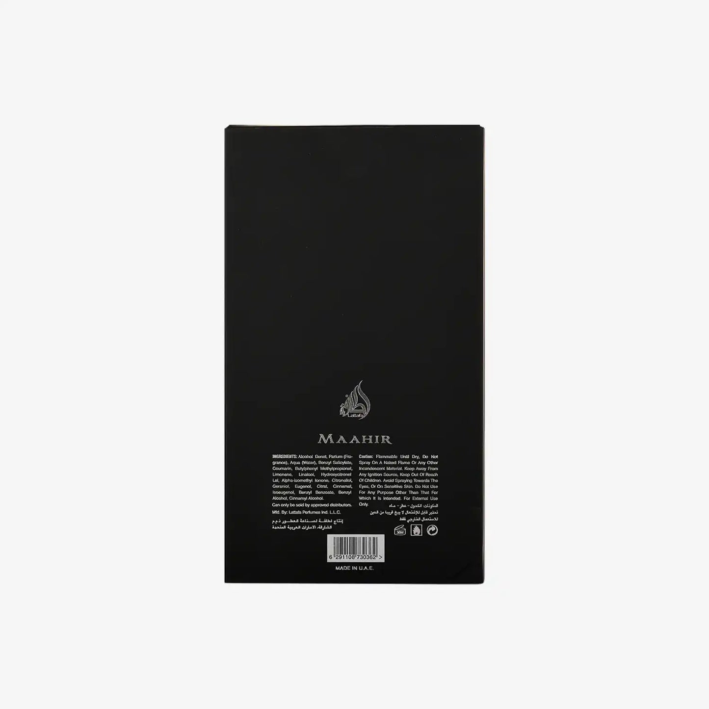Back of Maahir perfume box with ingredients and product details in English and Arabic.