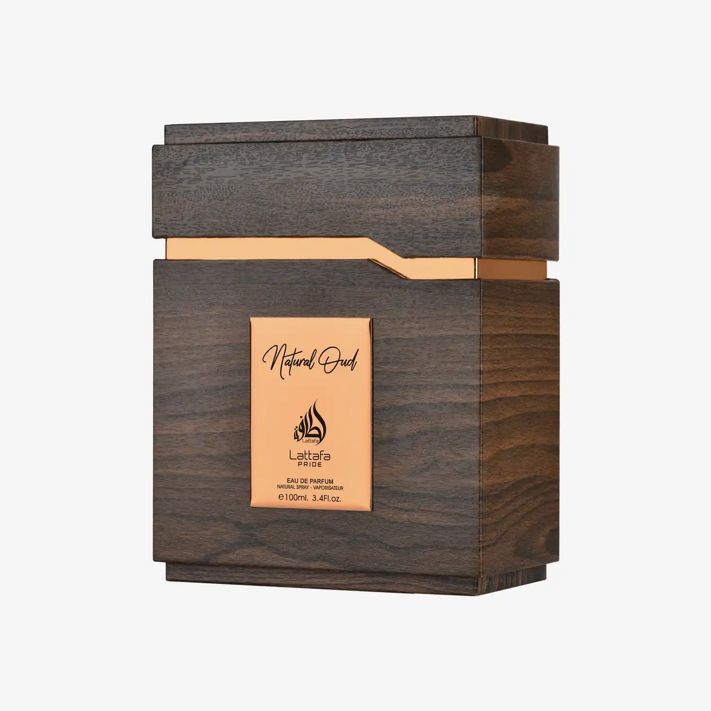 Natural Oud perfume bottle with wooden and gold design, Middle Eastern fragrance