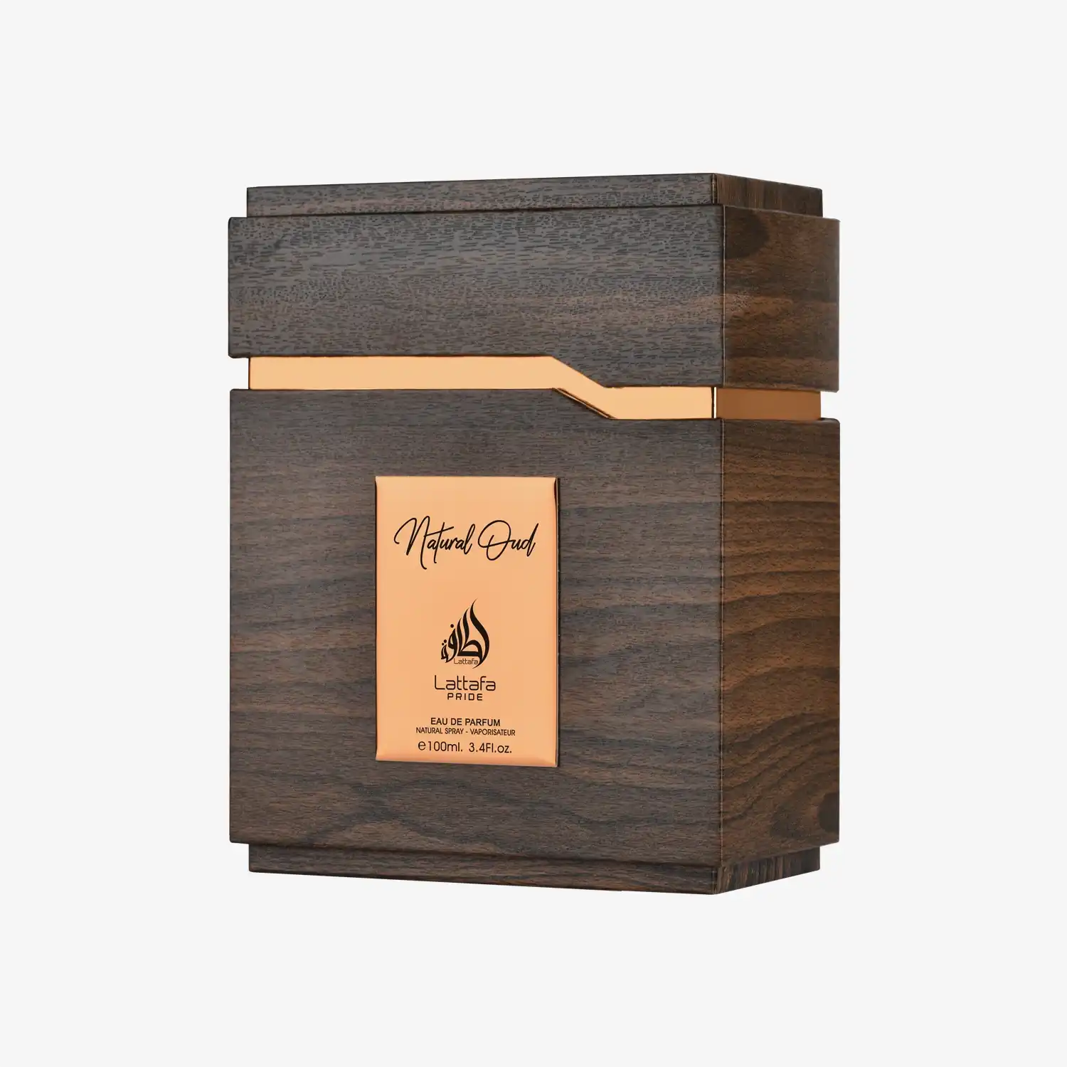 Natural Oud perfume bottle with wooden and gold design, Middle Eastern fragrance