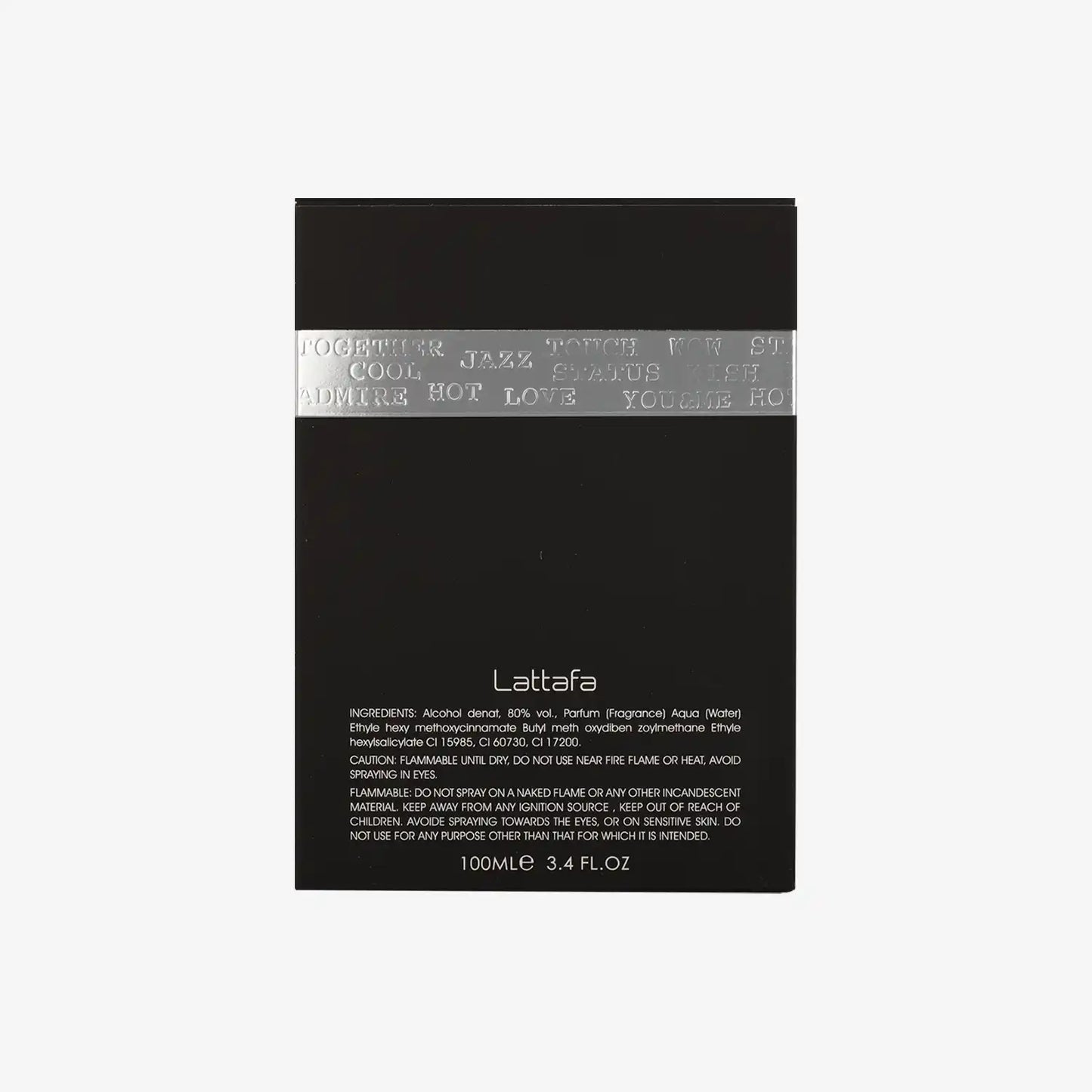 Lattafa perfume black box with silver accent and product details, 100ml size