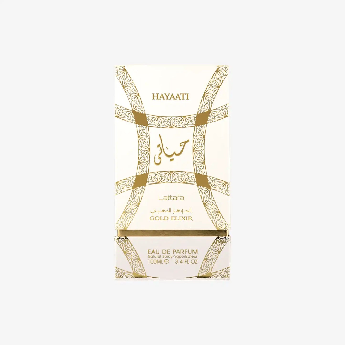 Hayaati Gold Elixir perfume box by Lattafa with gold Arabic design, 100ml eau de parfum
