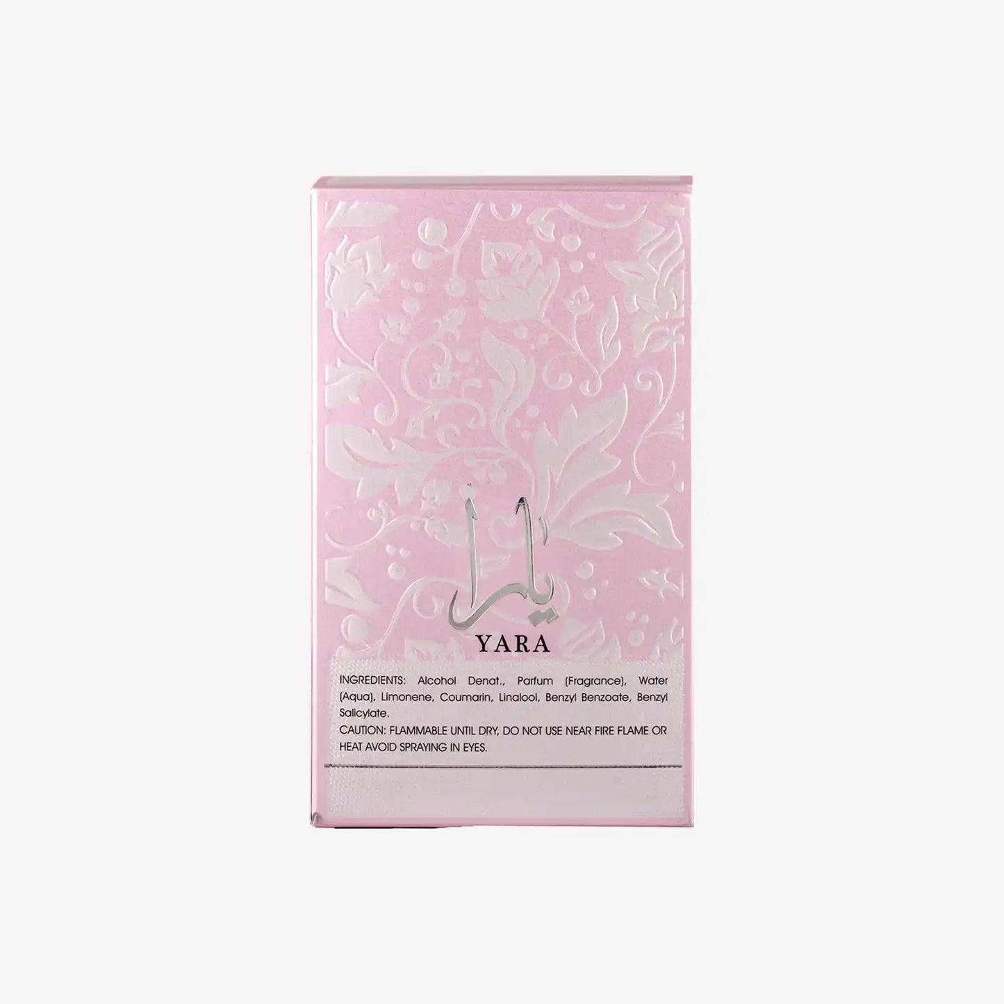 Yara perfume box with pink floral pattern and Arabic text, Middle Eastern fragrance packaging