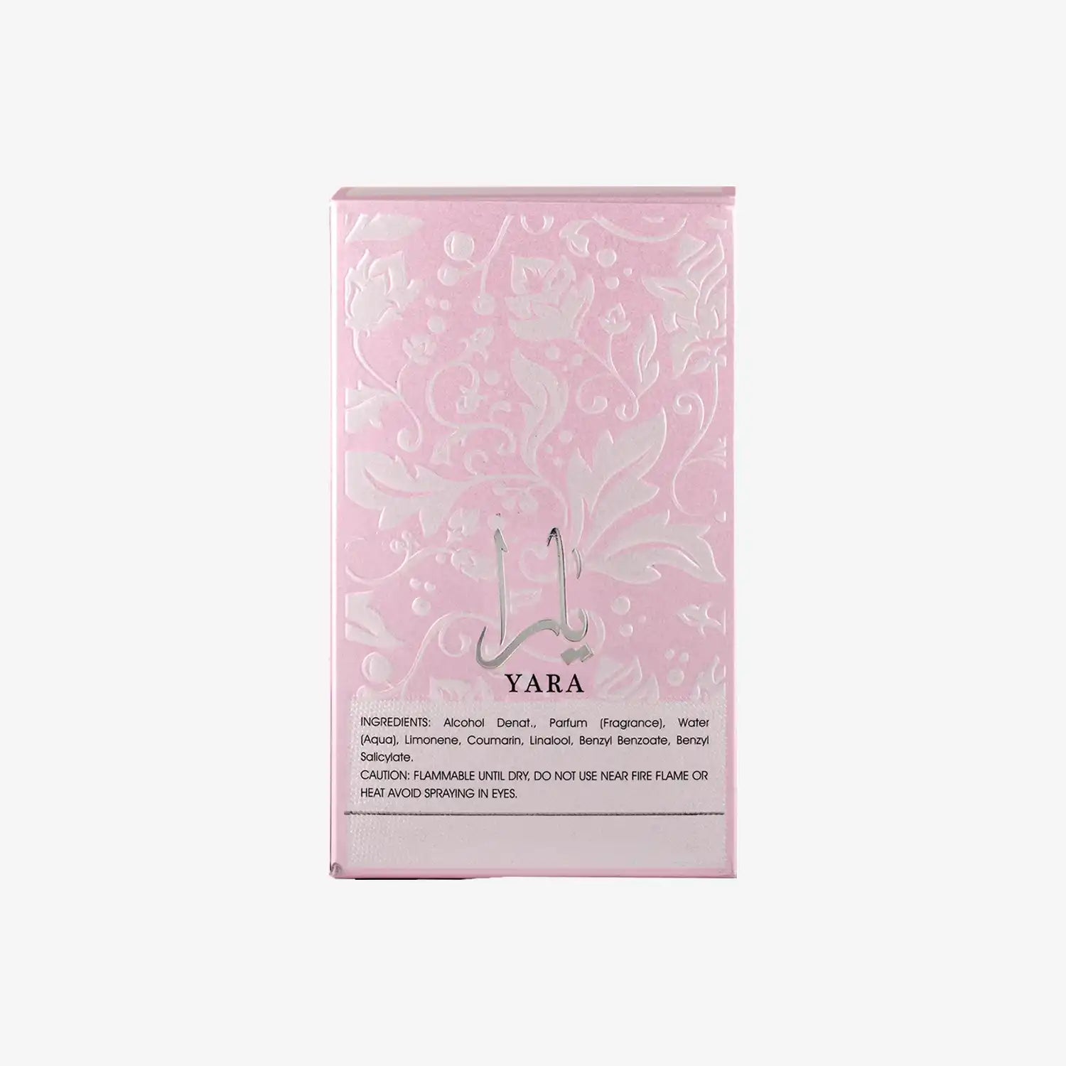 Yara perfume box with pink floral pattern and Arabic text, Middle Eastern fragrance packaging
