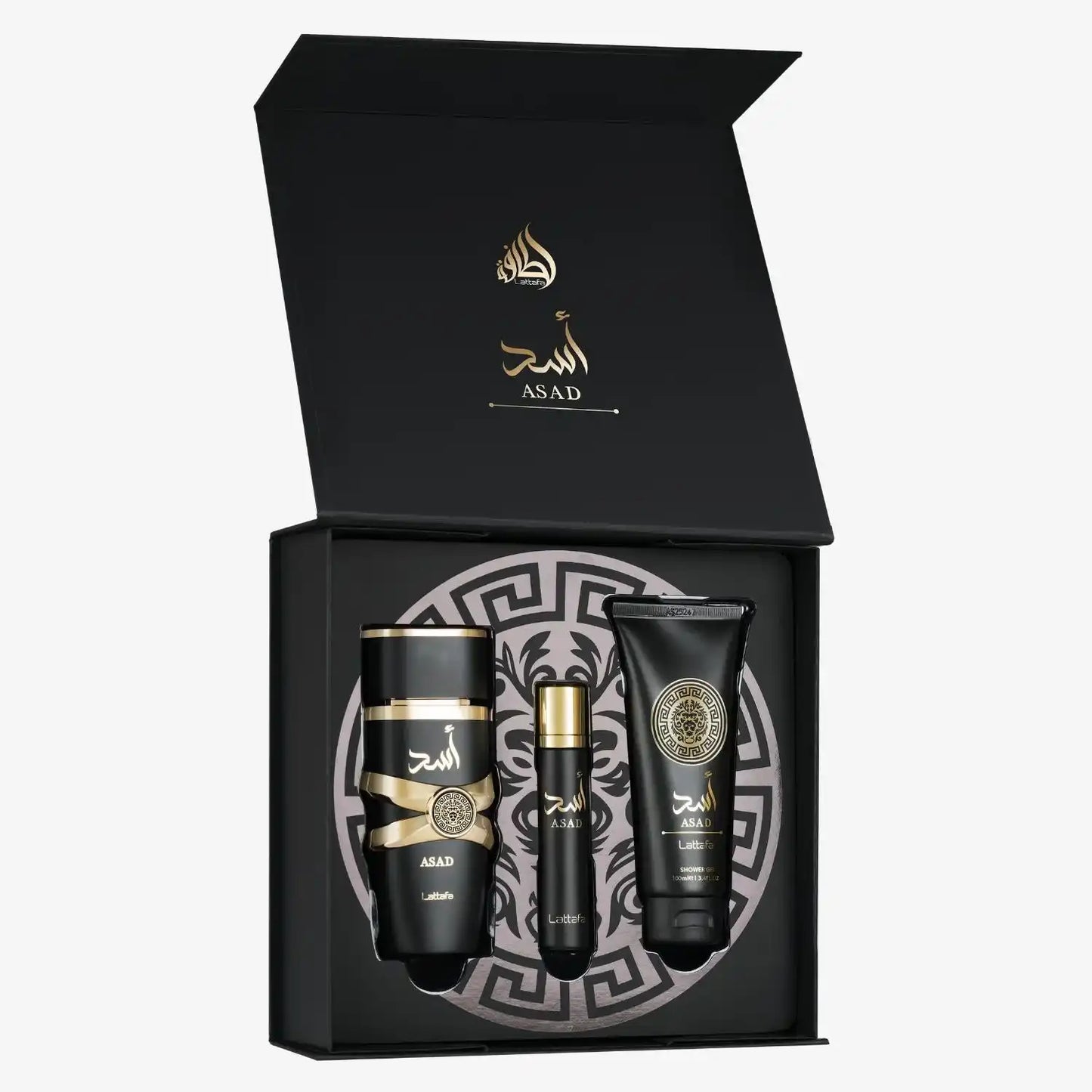 Middle Eastern ASAD perfume and grooming gift set with gold and black packaging.