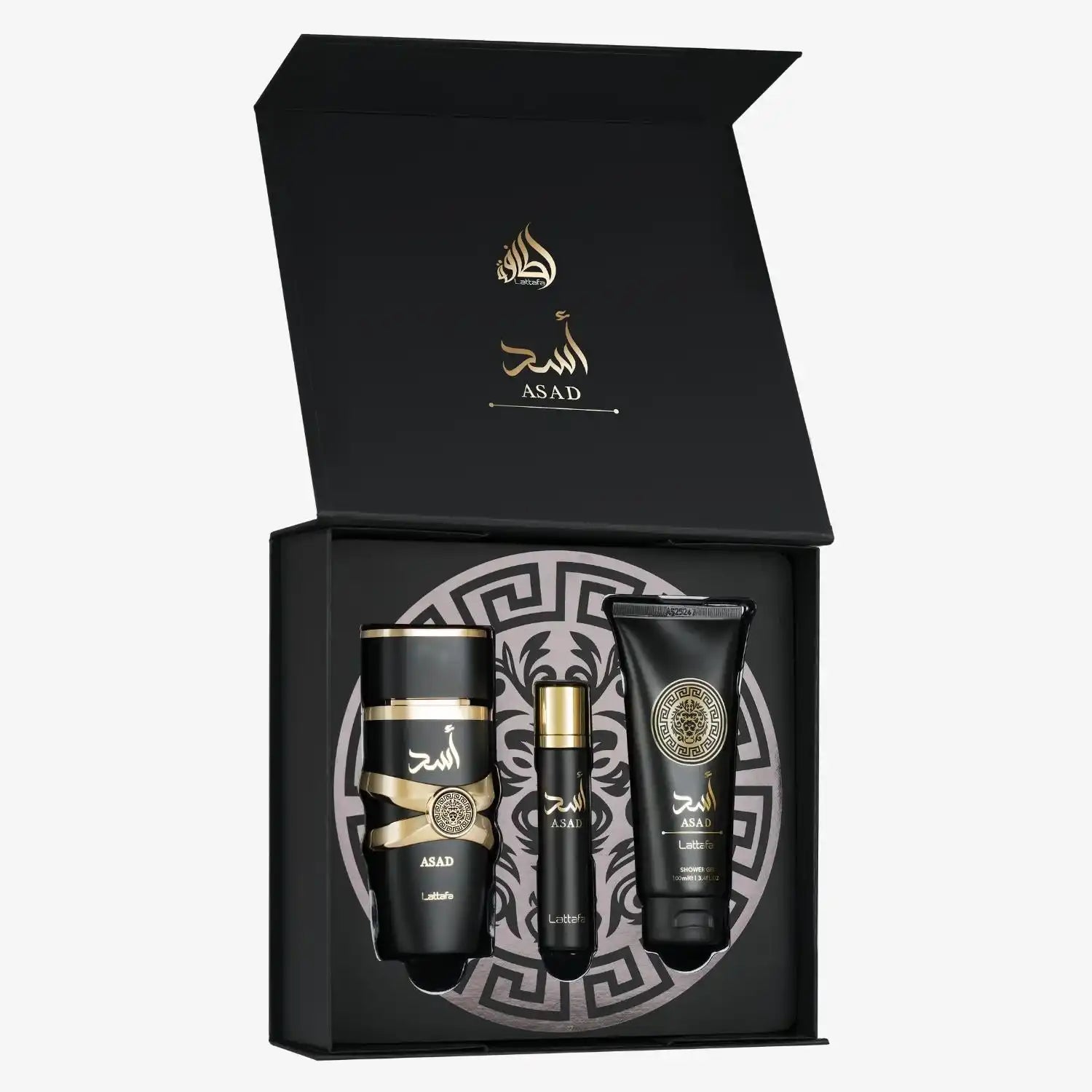 Middle Eastern ASAD perfume and grooming gift set with gold and black packaging.