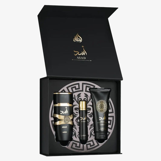 Middle Eastern ASAD perfume and grooming gift set with gold and black packaging.