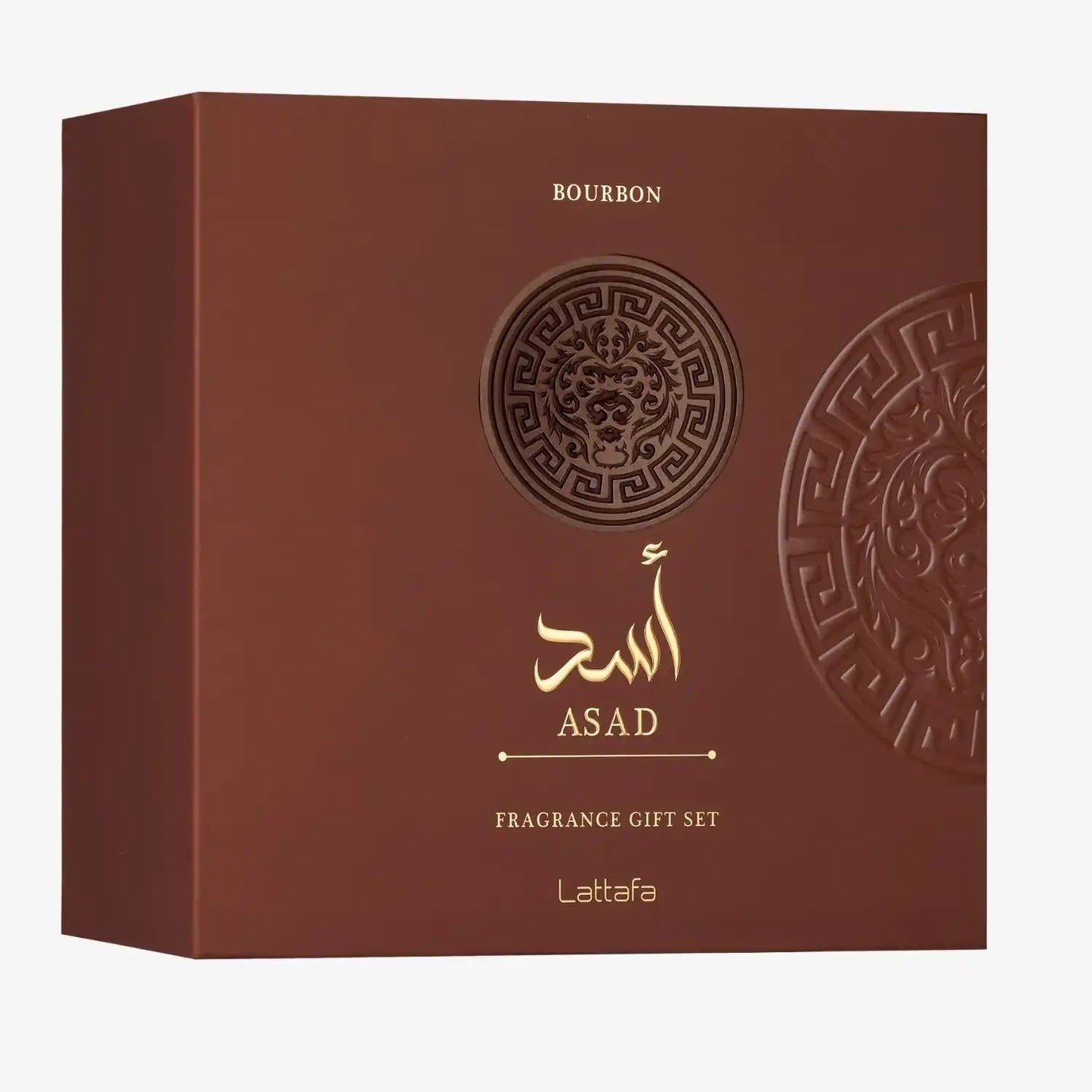 Lattafa Asad fragrance gift set box with Middle Eastern design, brown and gold accents