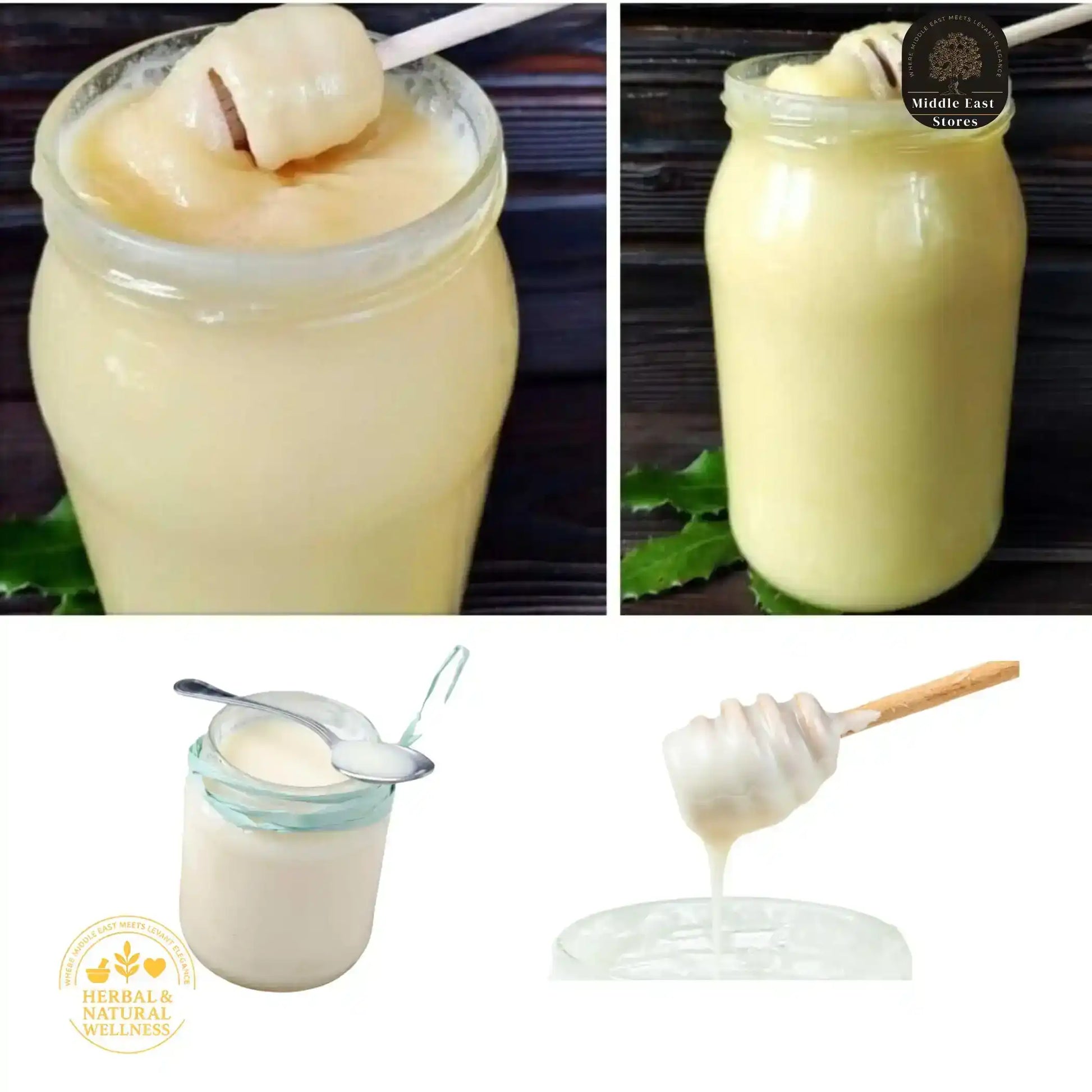 Creamy raw honey in glass jars with honey dipper and spoon, natural Middle Eastern sweetener.