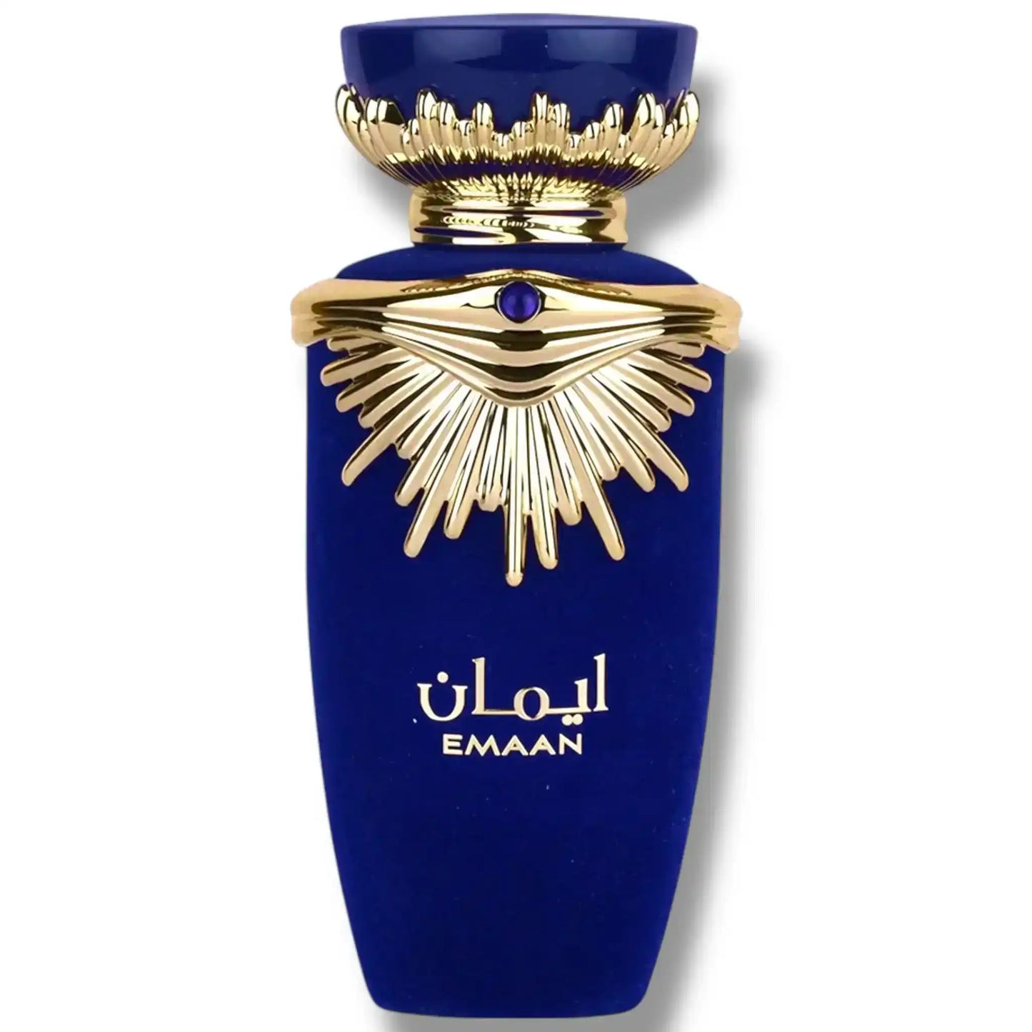 Emaan luxury perfume bottle in royal blue with gold ornate design and Arabic lettering