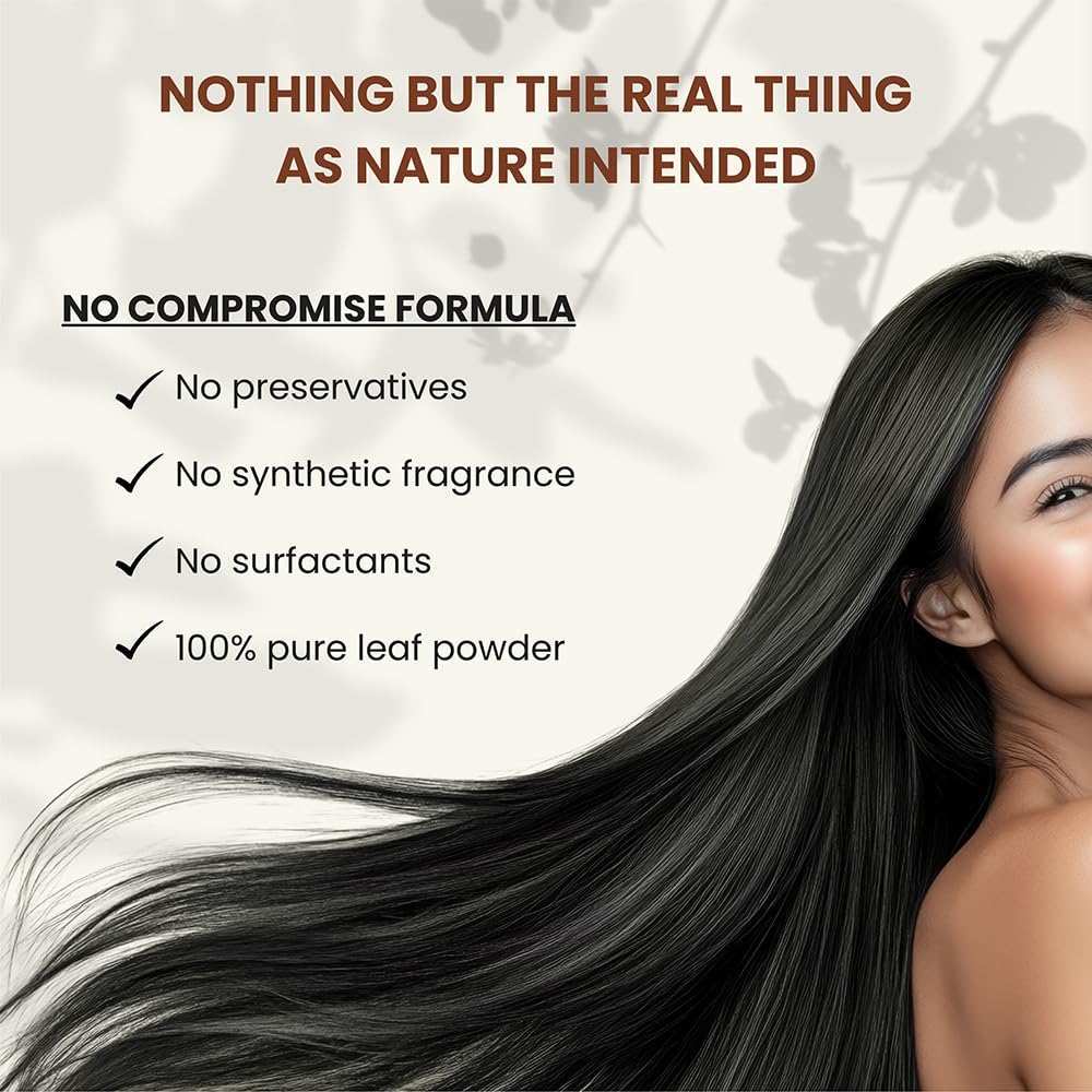 Woman with long, healthy hair, natural hair care benefits, pure leaf powder, no additives