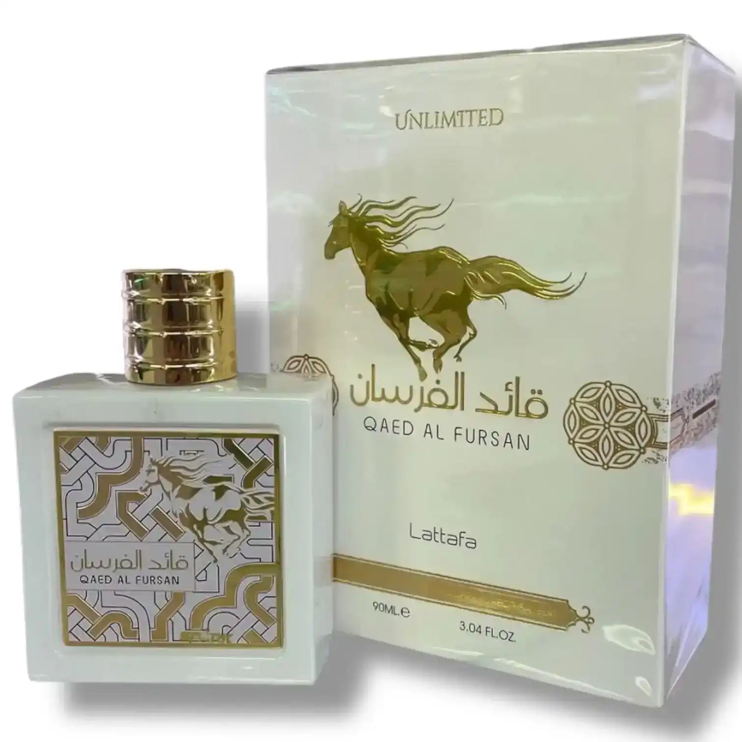 Lattafa Qaed Al Fursan perfume bottle and box with gold horse design and Arabic text