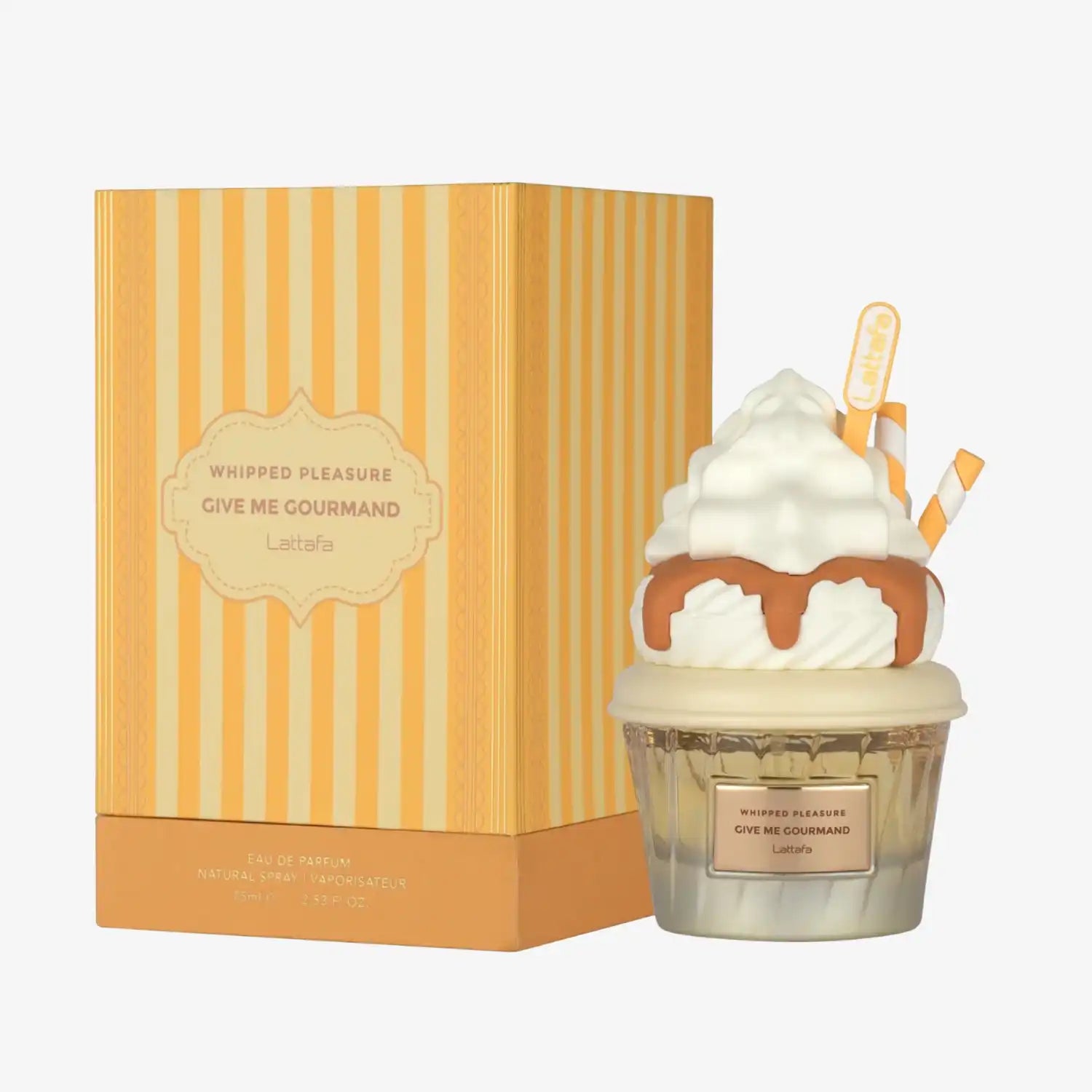 Lattafa Whipped Pleasure Give Me Gourmand perfume in cupcake-themed bottle with striped box