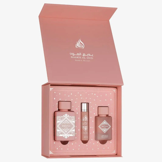 Middle Eastern perfume gift set with three bottles in a pink decorative box, Badee Al Oud Noble Blush.