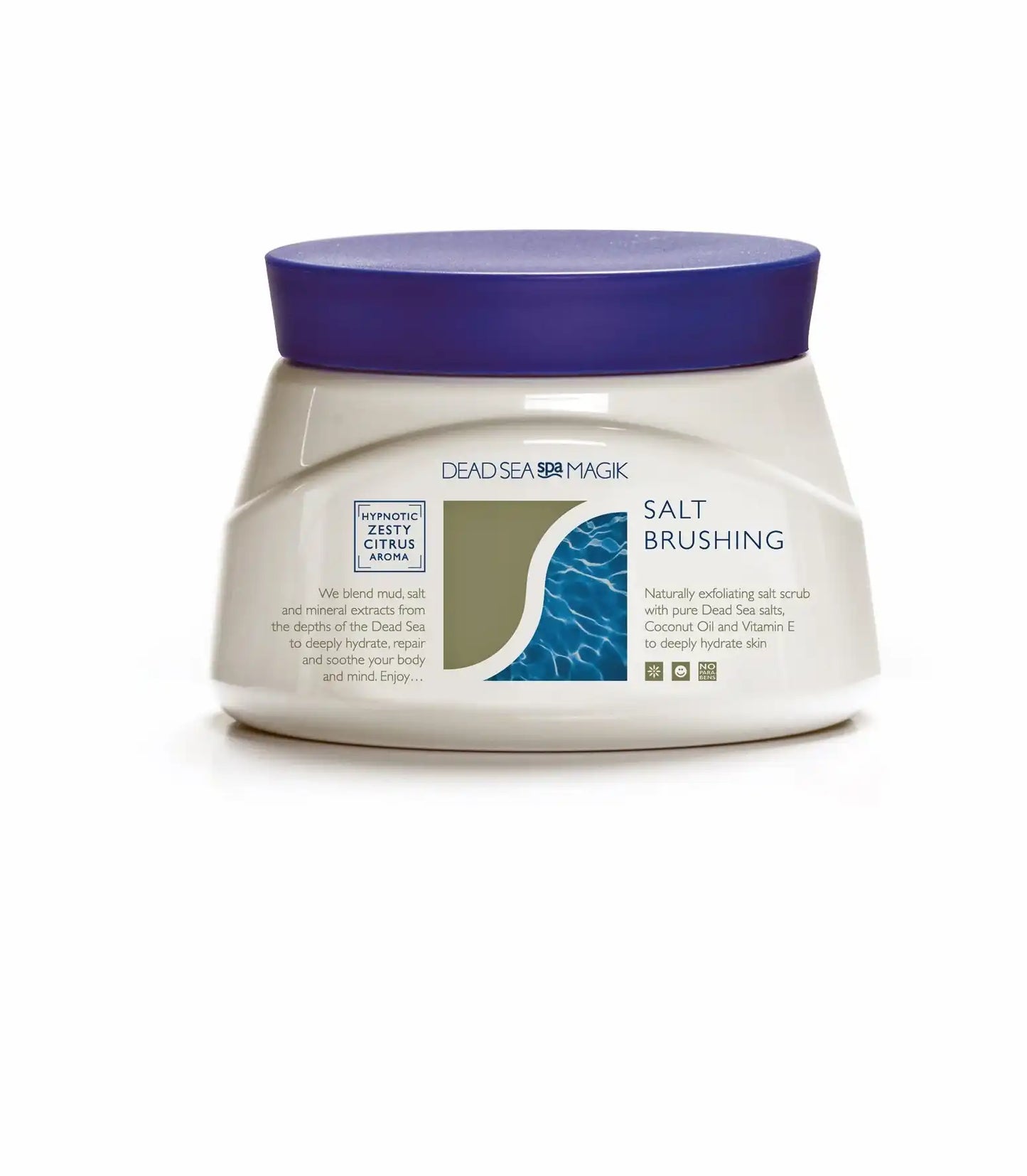 Dead Sea Salt Brushing scrub with zesty citrus aroma, featuring pure Dead Sea salts, coconut oil & vitamin E for hydration