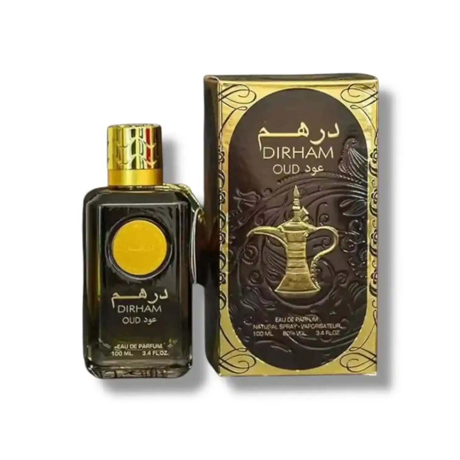 Dirham Oud Eau de Parfum bottle and decorative gold-black packaging with Arabic calligraphy