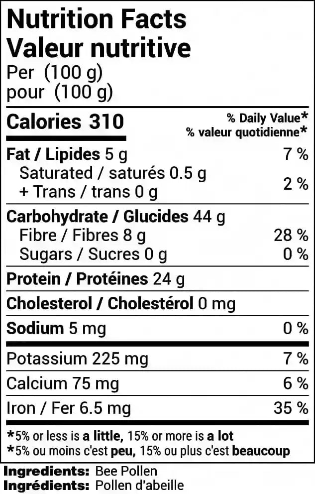 Nutrition facts label in English and French showing calories, fat, carbs, protein, and minerals per 100g of bee pollen