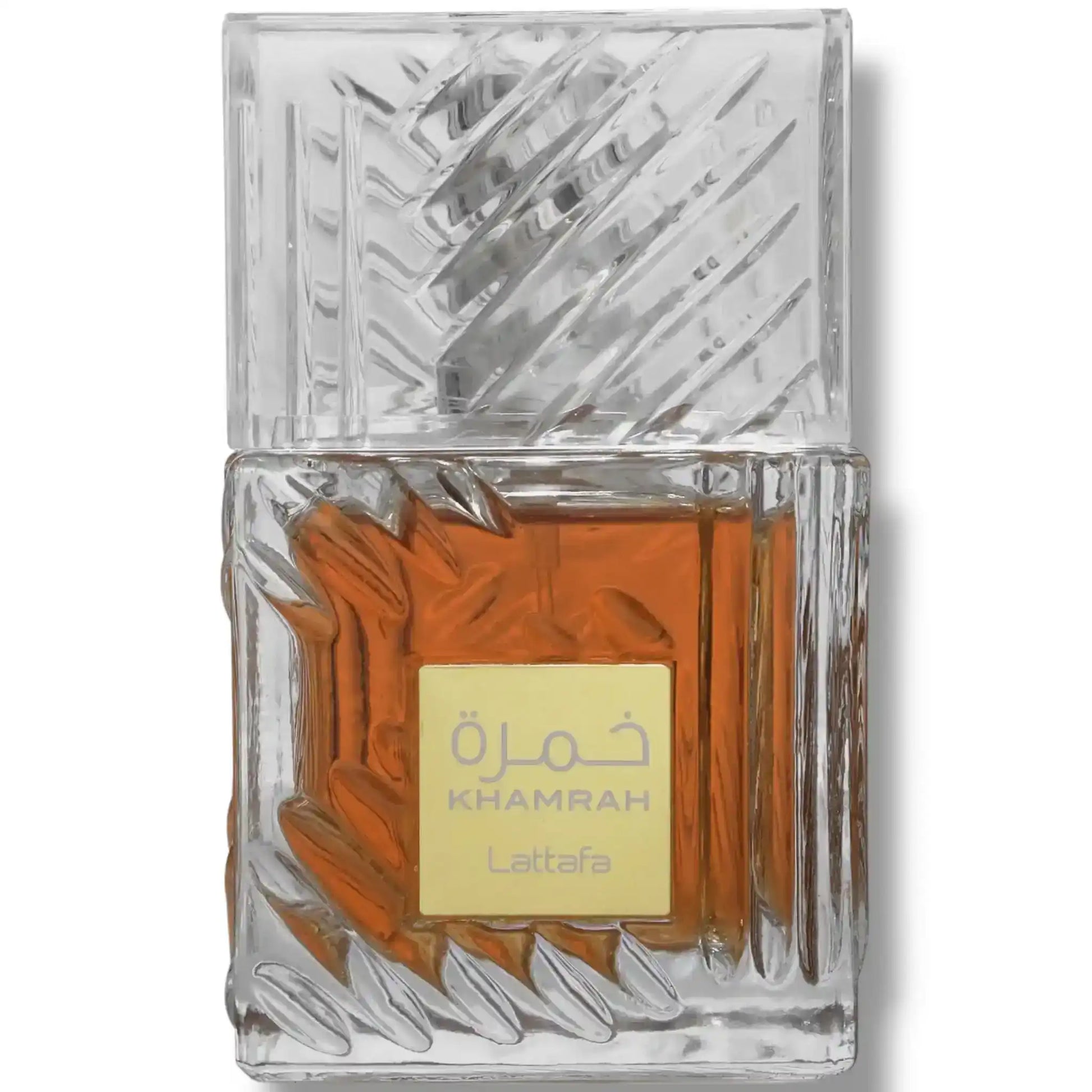 Lattafa Khamrah perfume bottle with amber liquid in textured clear glass container