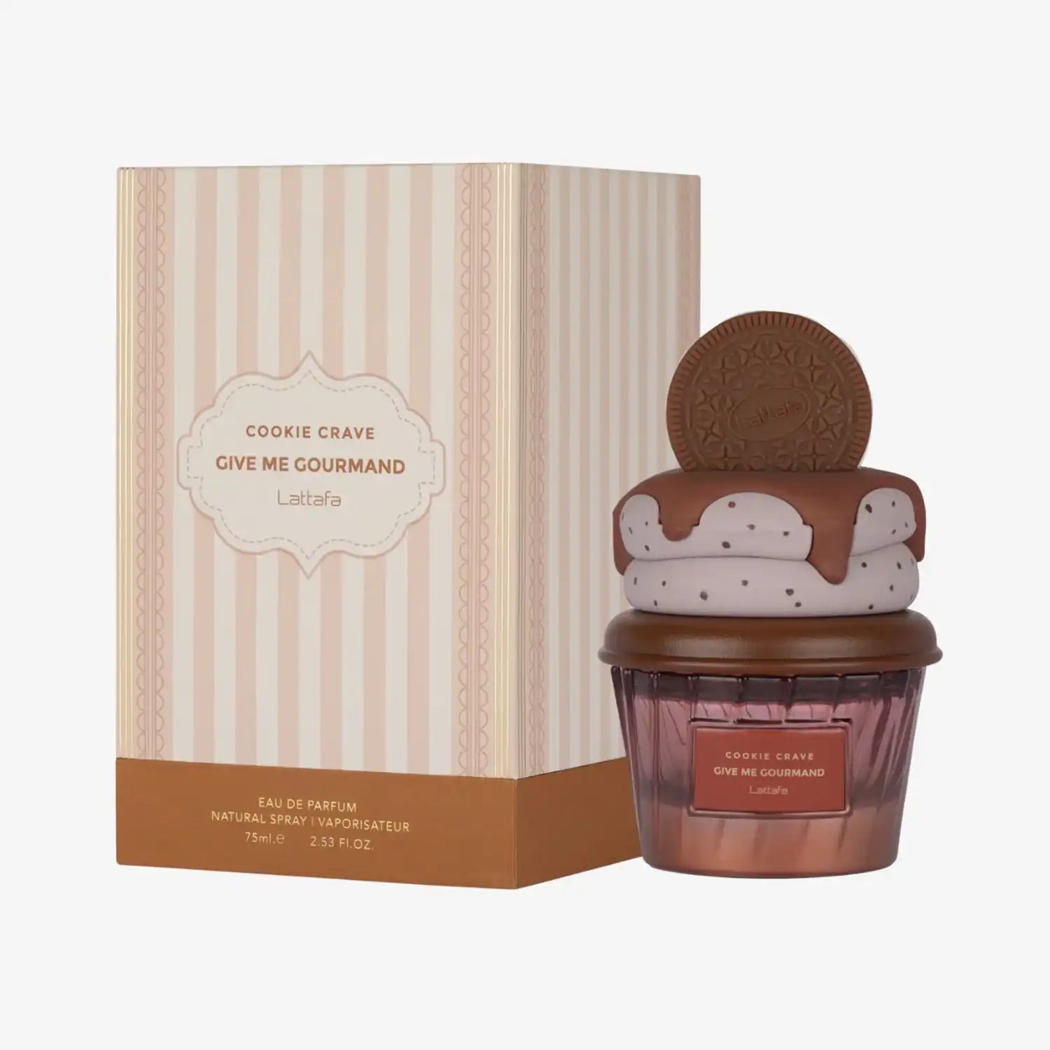 Lattafa Cookie Crave Give Me Gourmand perfume with box, dessert-inspired bottle design