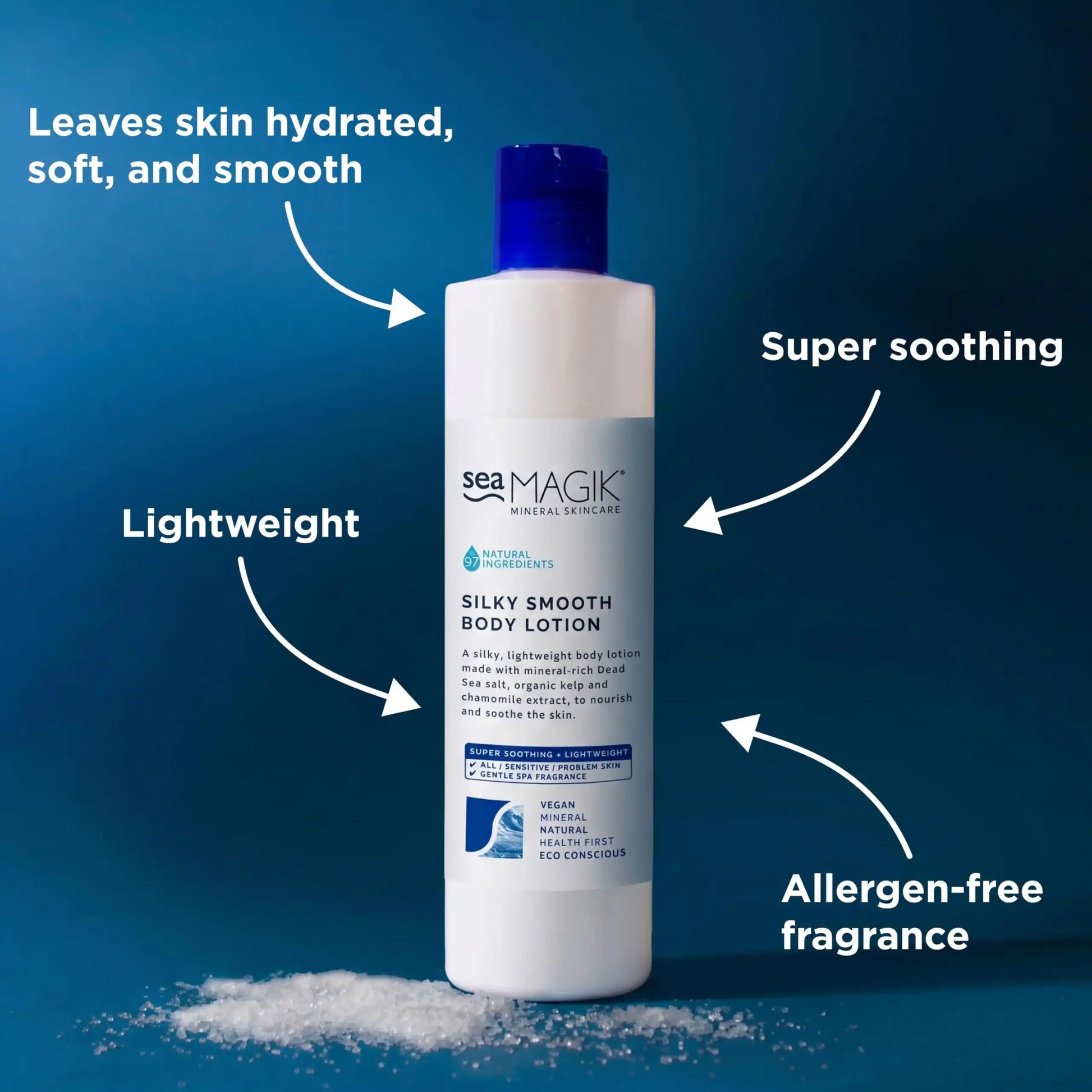 Silky Smooth Body Lotion with Dead Sea Salt, lightweight, soothing, allergen-free fragrance