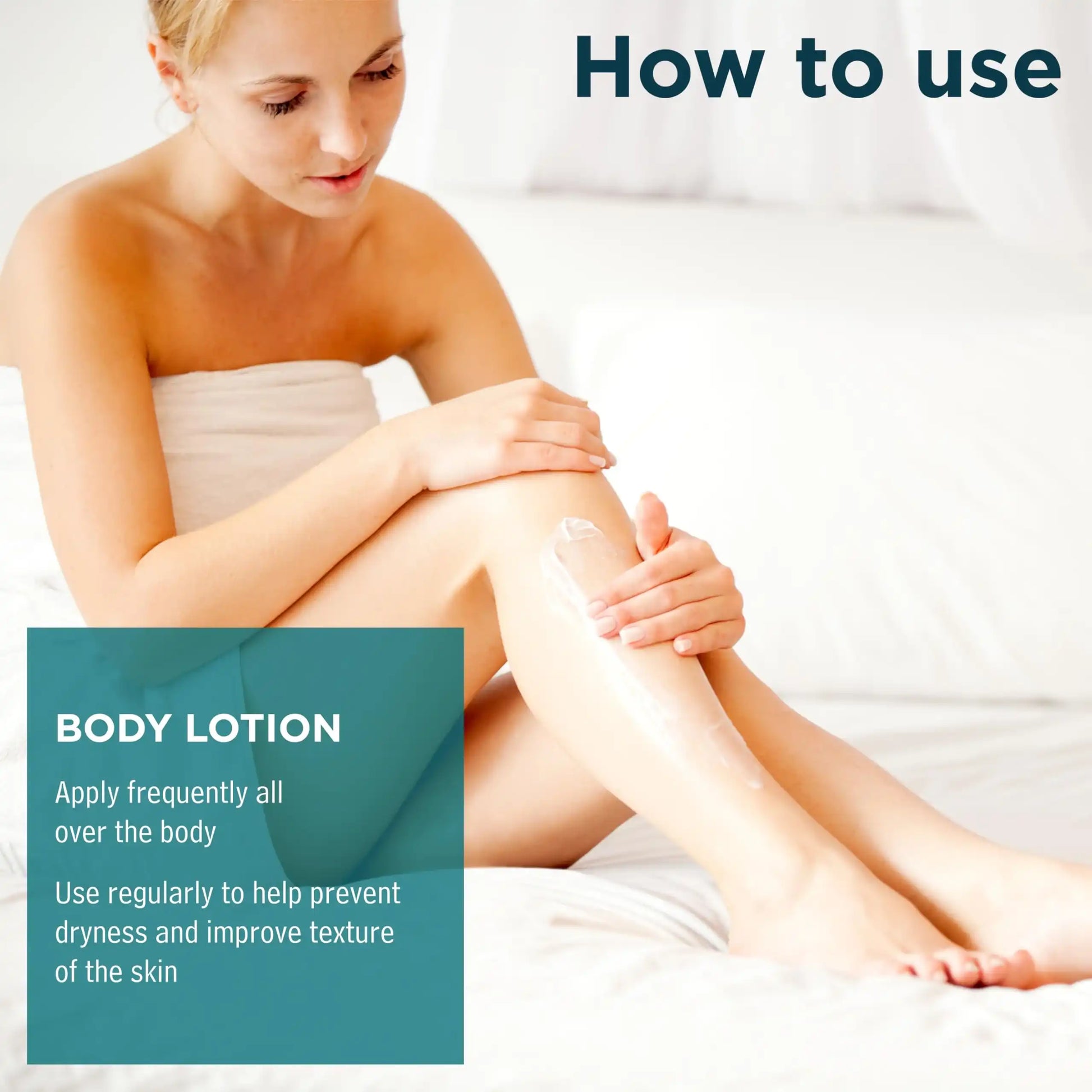 Woman applying body lotion to legs for soft, hydrated skin care routine