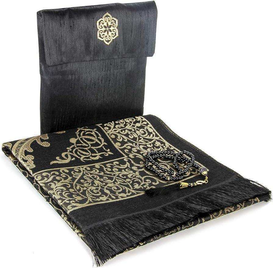 Black and gold Middle Eastern prayer mat set with matching pouch and prayer beads