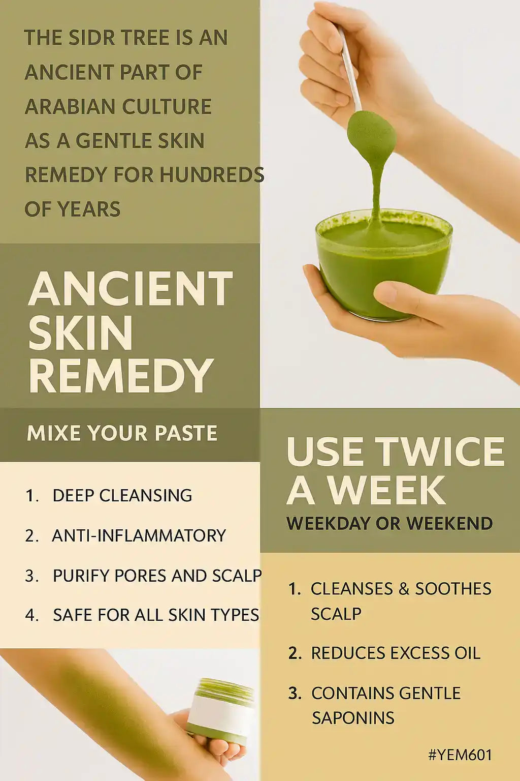 Hands mixing green sidr powder paste for ancient skin care remedy with text highlighting benefits.