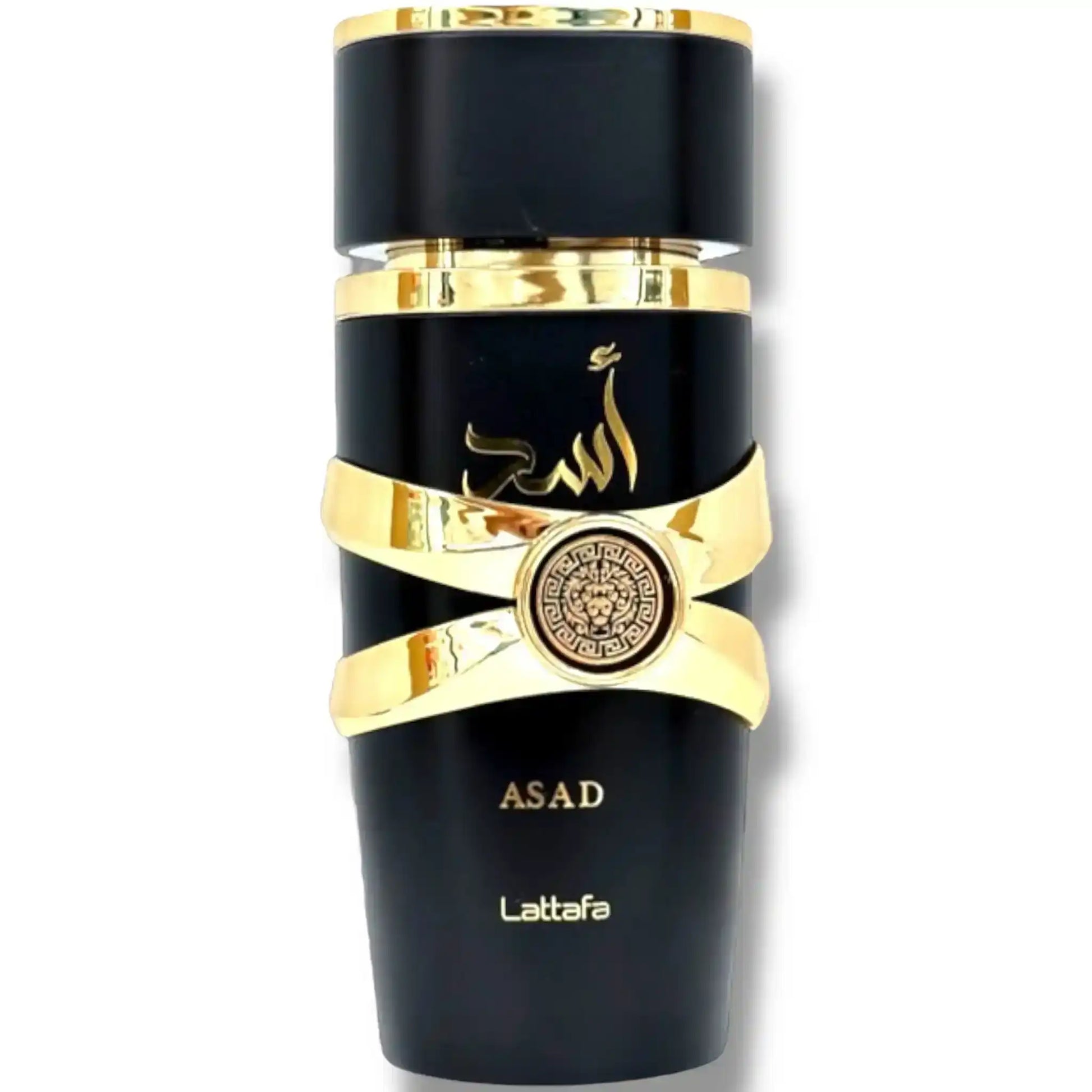 Black and gold Lattafa Asad perfume bottle with decorative emblem and Arabic calligraphy