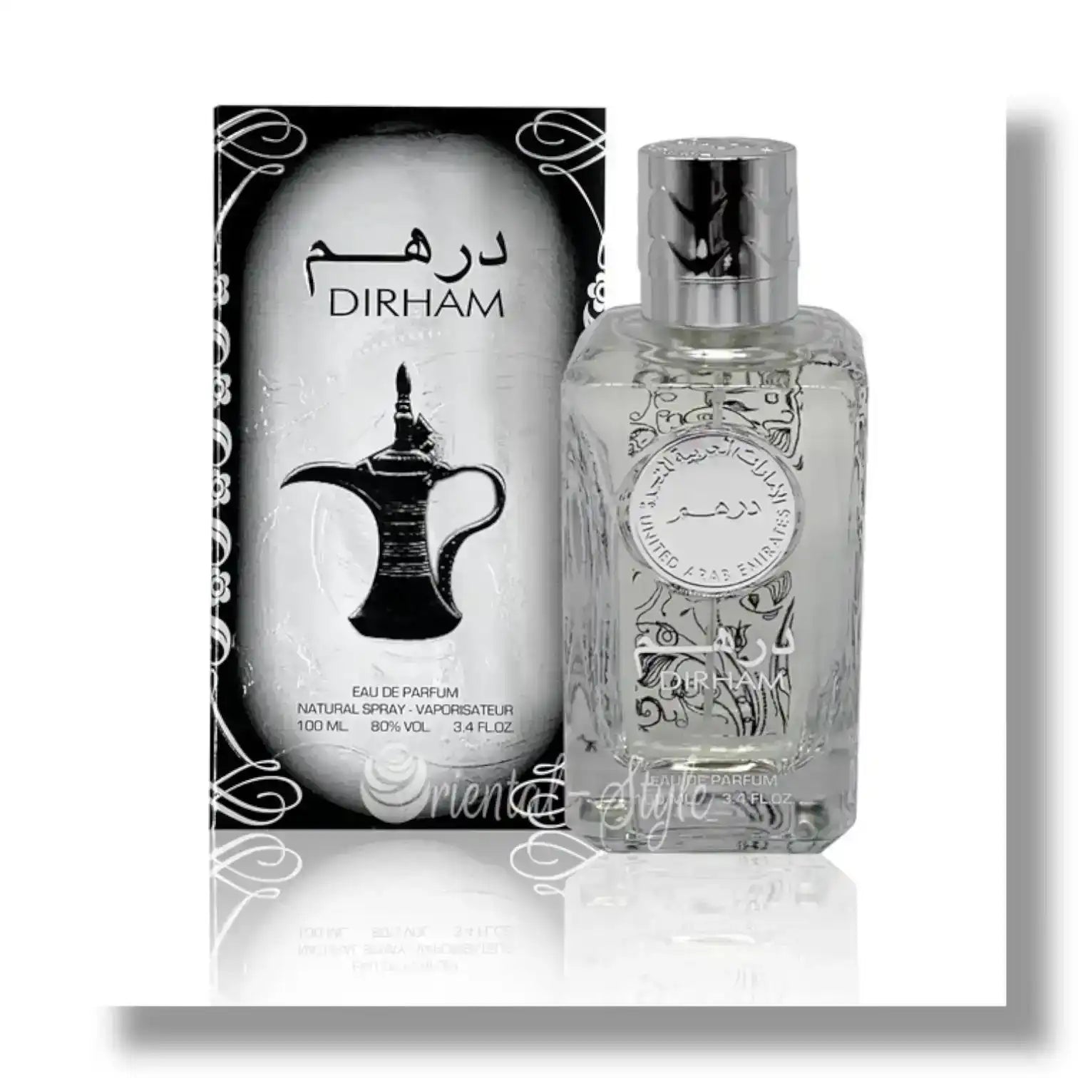 Dirham Eau de Parfum 100ml bottle with black and silver decorative packaging featuring Arabic design