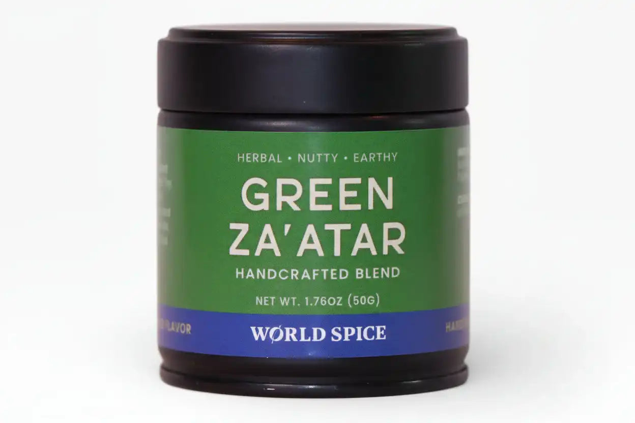 Green Za'atar handcrafted spice blend in a jar with herbal, nutty, earthy flavors