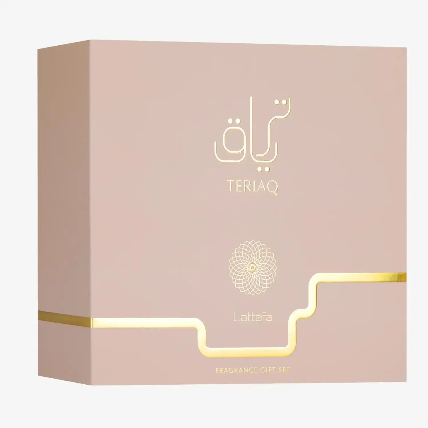 Lattafa TeriAQ fragrance gift set box with gold accents and Arabic script