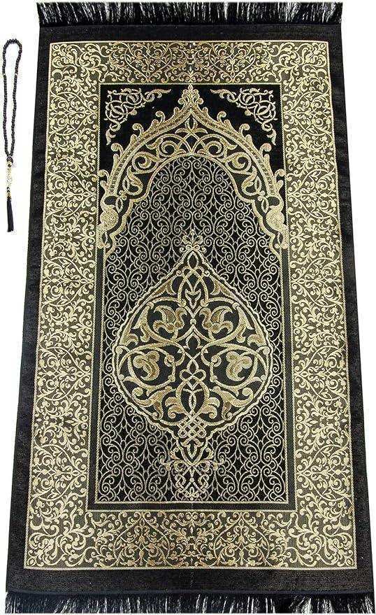 Black and gold Middle Eastern prayer rug with intricate arabesque patterns and matching tasbih beads