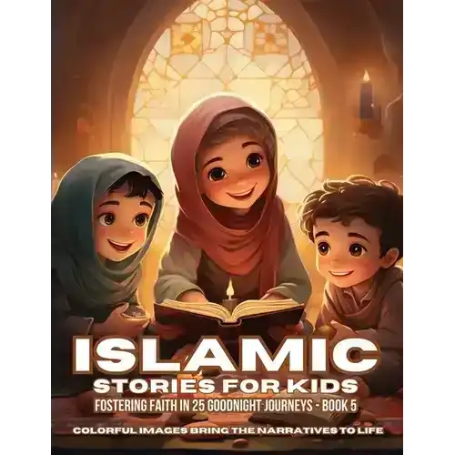 Illustration of three smiling children reading a book by candlelight in a stained glass window setting, Islamic stories for kids