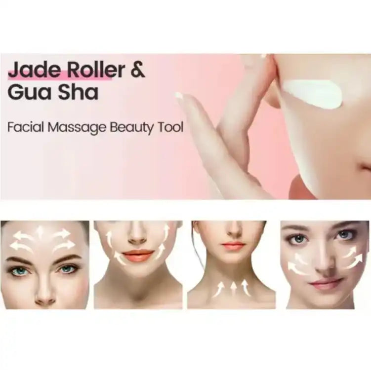 Jade roller and gua sha facial massage beauty tool infographic with face massage directions.