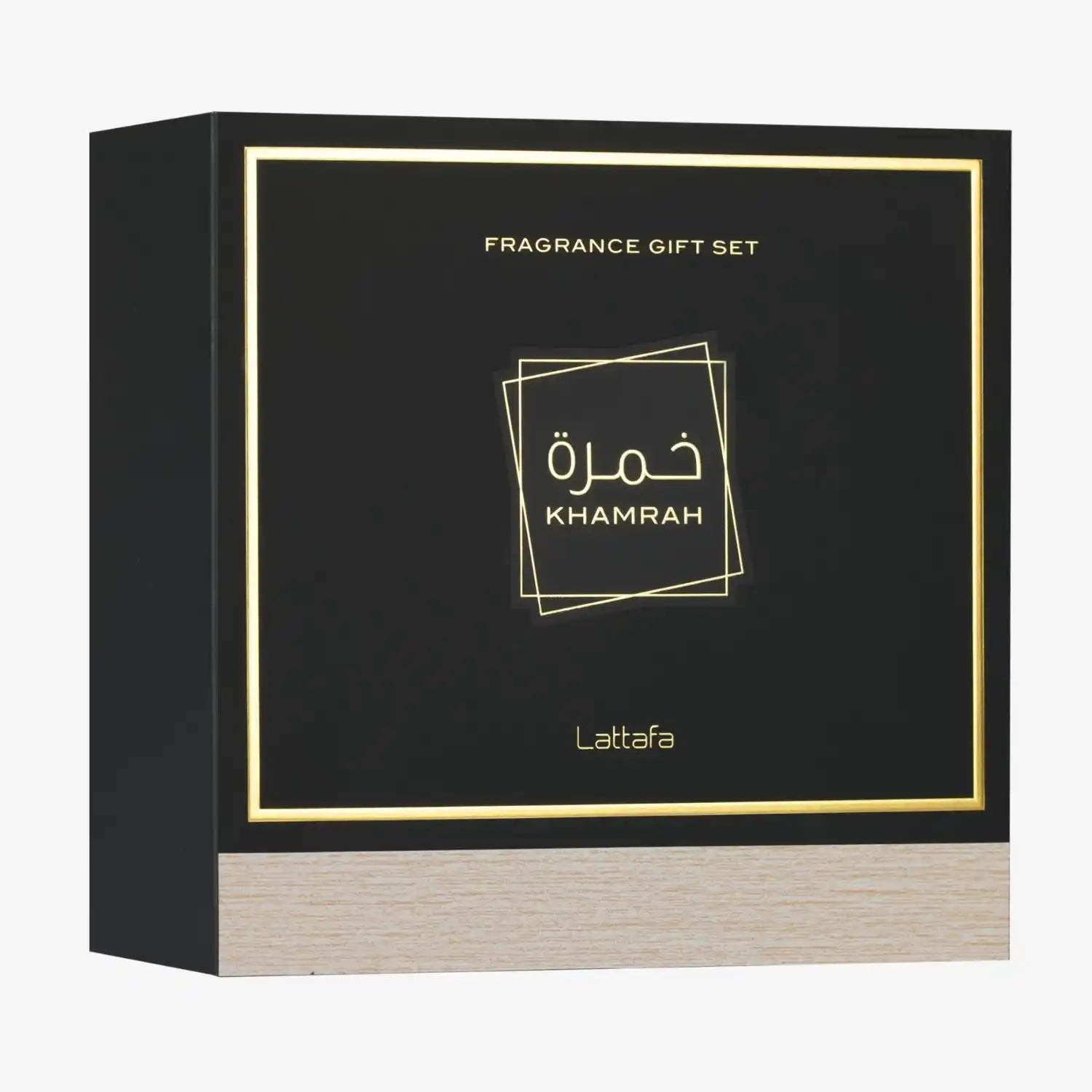 Khamrah fragrance gift set box by Lattafa, black and gold packaging, Middle Eastern perfume