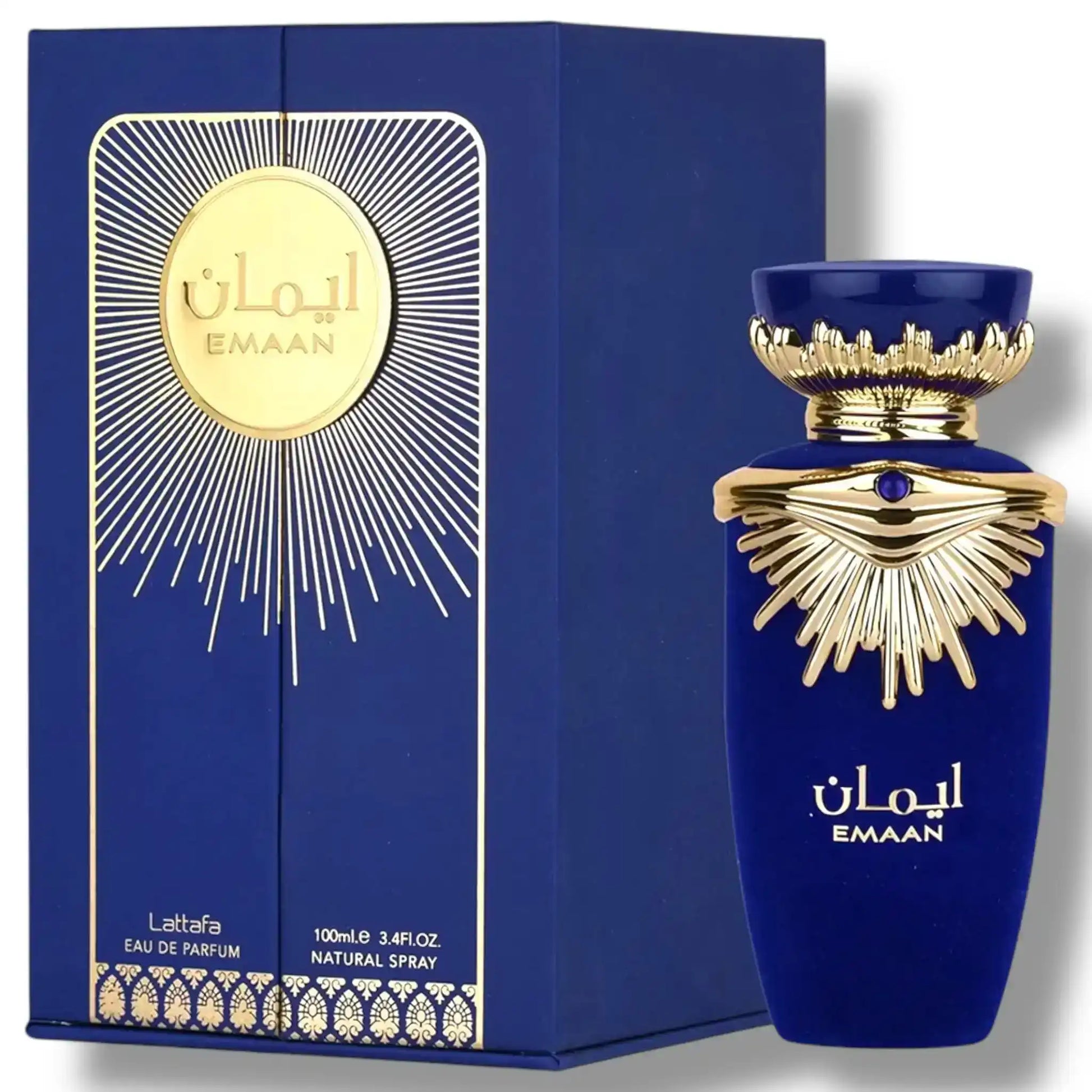 Emaan blue and gold perfume bottle and matching box by Lattafa Eau de Parfum 100ml