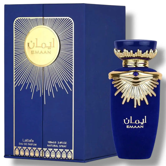 Emaan blue and gold perfume bottle and matching box by Lattafa Eau de Parfum 100ml
