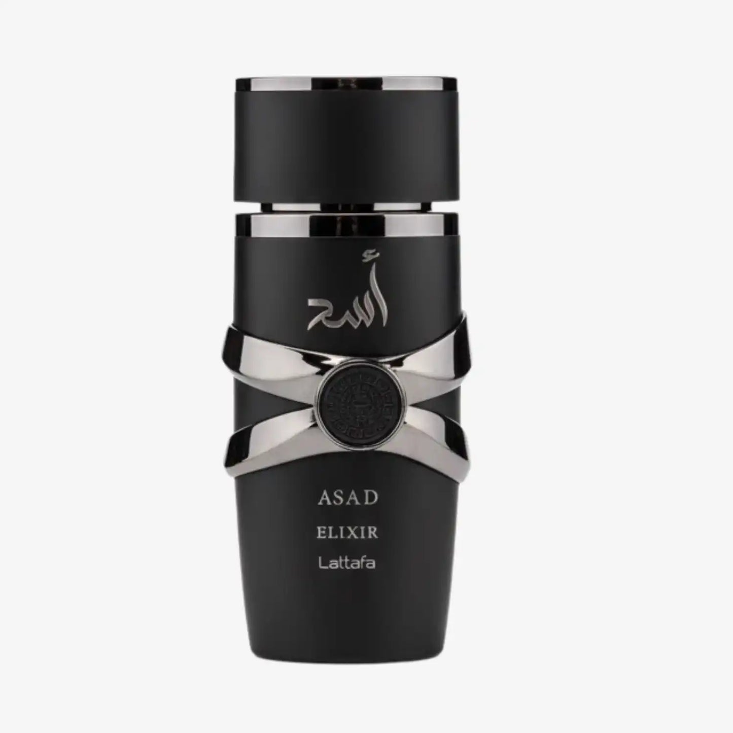 Asad Elixir Lattafa perfume bottle, matte black with silver accents on white background